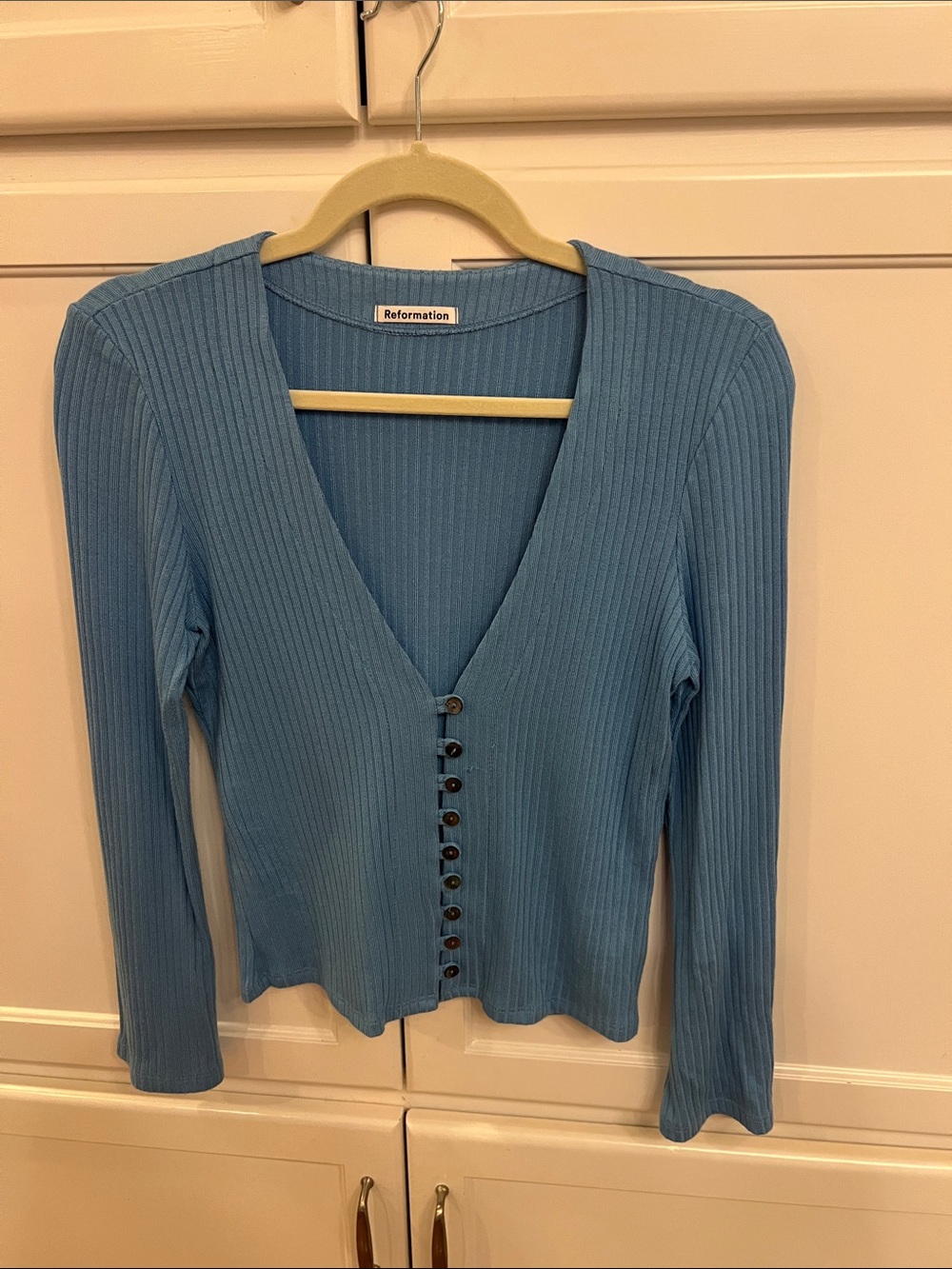 Reformation Blue Ribbed Button-Up Long Sleeve Top